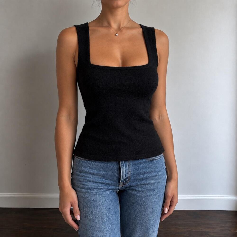 Vintage 90s Ann Taylor Black 100% 2 Ply Cashmere Square Neck Classy Tank Size XS